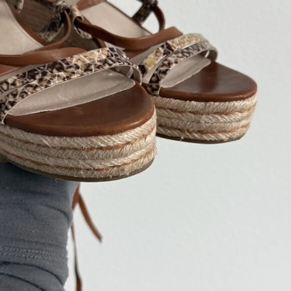 Louise et Cie Espadrille Wedge Sandals Brown Snake Print Lace Up Boho Strappy